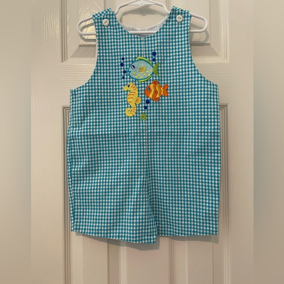 Vintage Jon Jon Blue Gingham Kids Romper with Sea Creature Embroidery - Picture 1 of 7